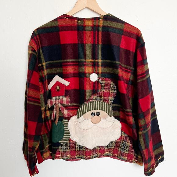 Vintage Christmas Santa Cardigan Jacket Fleece Large Plaid Applique Holiday - Picture 2 of 9